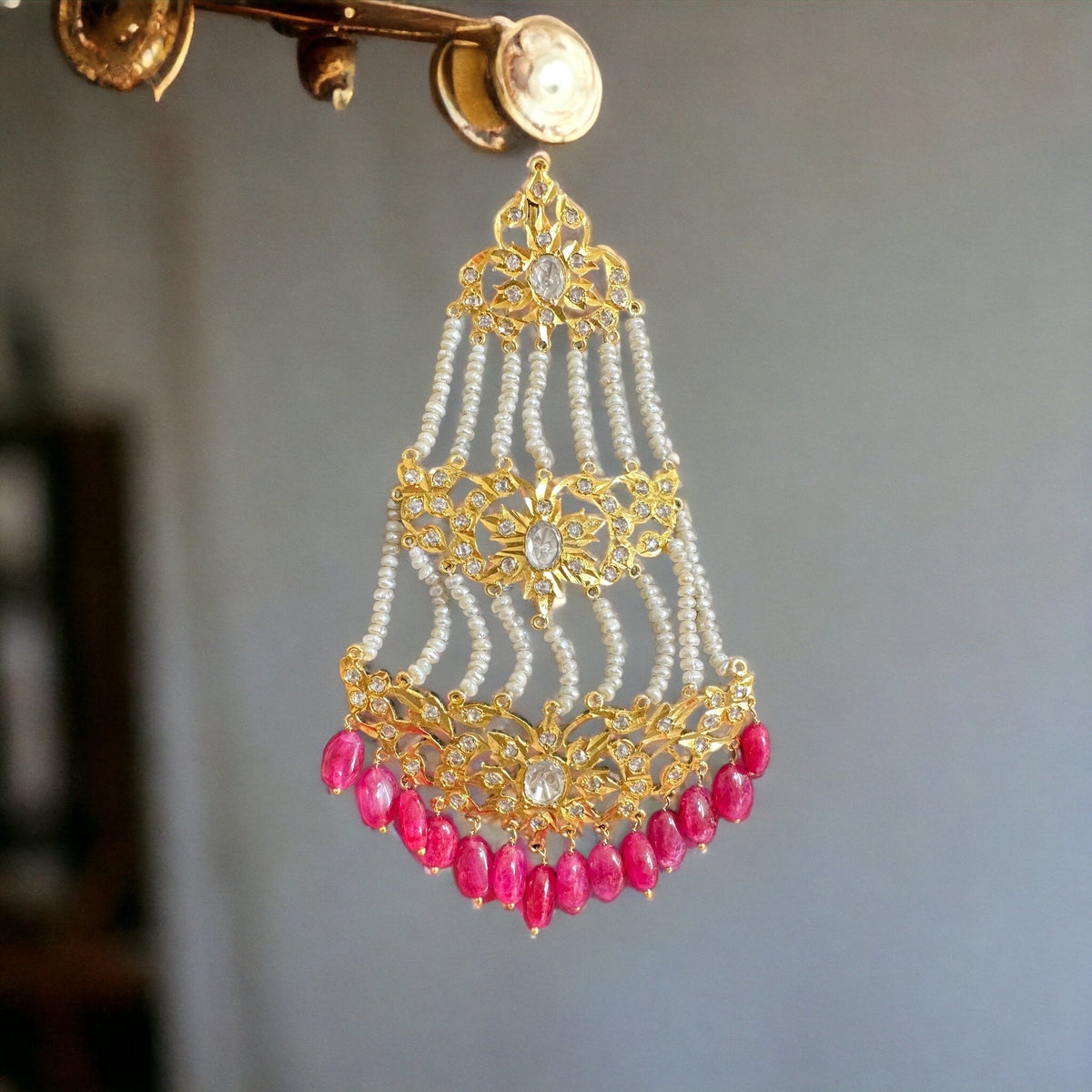 DJHR87 Hyderabadi jhoomar in fresh water pearls and rubies ( READY TO SHIP )