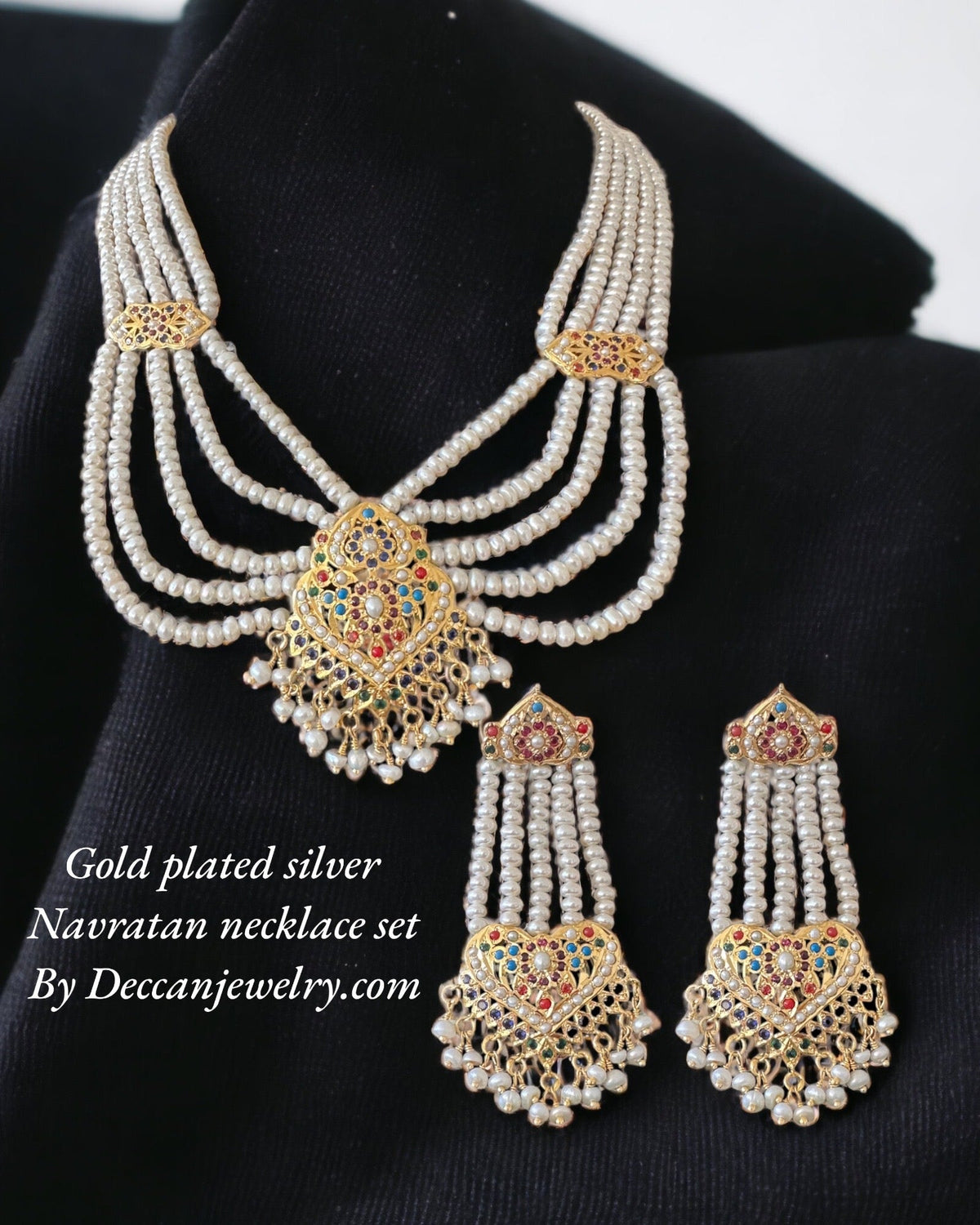 Navratan gold plated silver necklace with earrings in fresh water pearls ( SHIPS IN 5 WEEKS  )