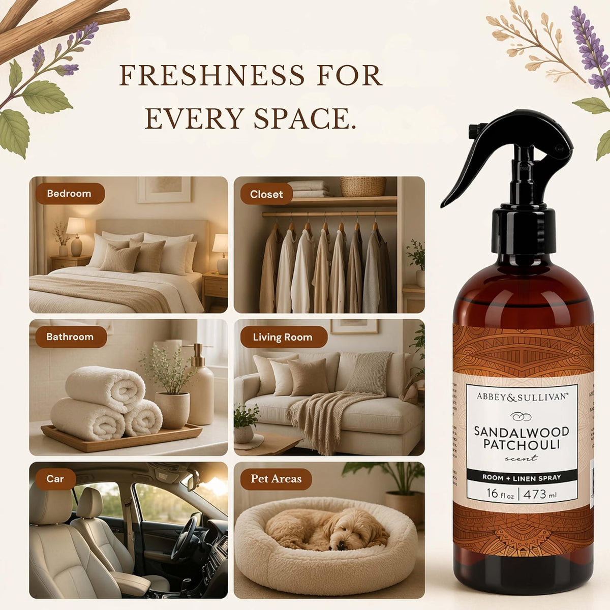 Abbey & Sullivan Odor Eliminating and Refreshing Linen and Room Spray, Sandalwood Patchouli, 16 oz