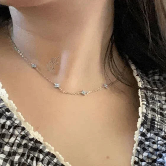 18K Gold Plated Tiny Blue Flower Necklace For Women, Gold Color Cute Pendant Necklace, Trendy Female Fashion Jewelry | Cubic Zirconia