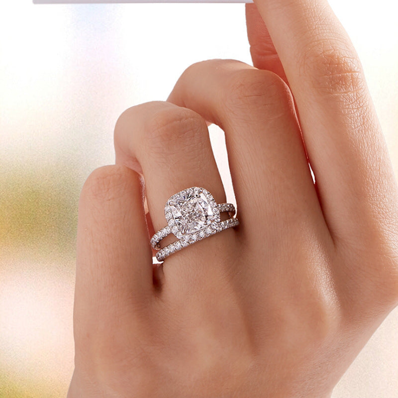 Japanese Style Luxury Square Simulated Diamond Ring, Silver Plated S925 Band