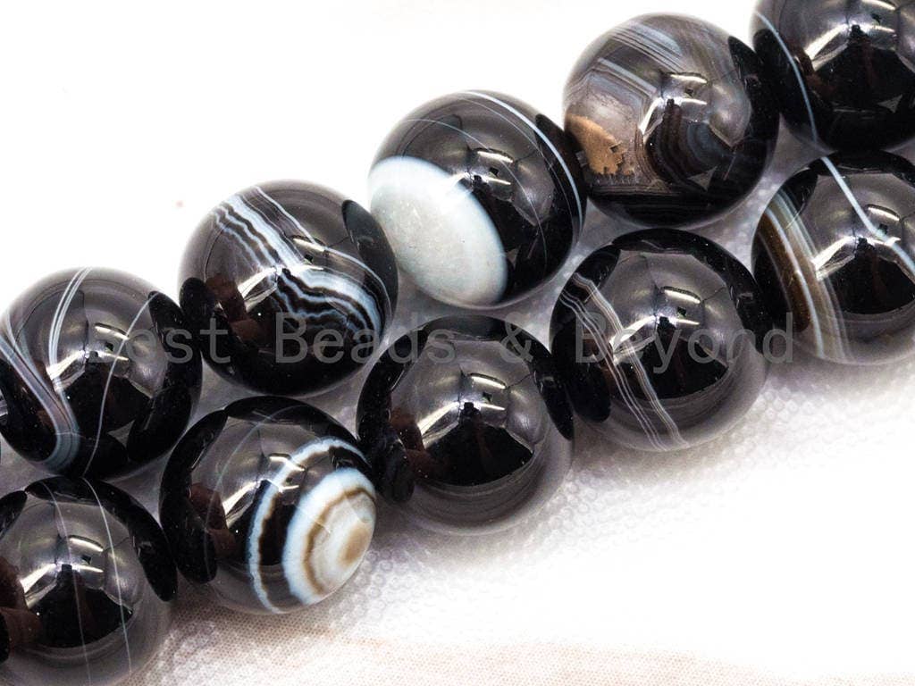 Natural Black white Banded Agate Beads, Round Smooth,SKU#Q6