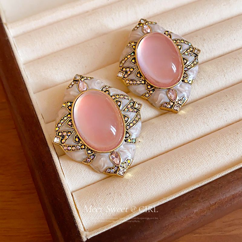 Niche Vintage Retro Earrings, Oval & Rhombus Diamond Studs, Luxury High-end Ear Jewelry