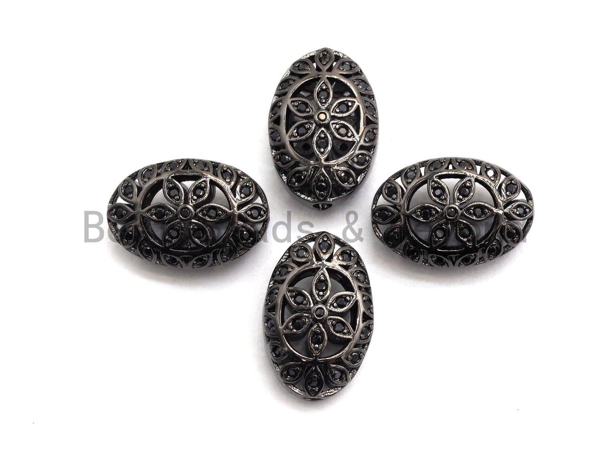 Black CZ Pave On Black  Micro Pave Oval Spacer Beads with Flower Pattern, Black CZ Pave Beads for Bracelet/Necklace, 12x17mm, sku#G416