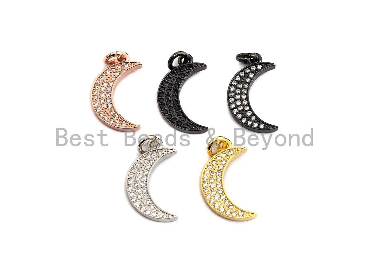 CZ Micro Pave Crescent Moon Pendant, Cubic Zirconia Pendant, Silver/Gold/Rose Gold/Black Tone, 11x19mm, Sku#X108