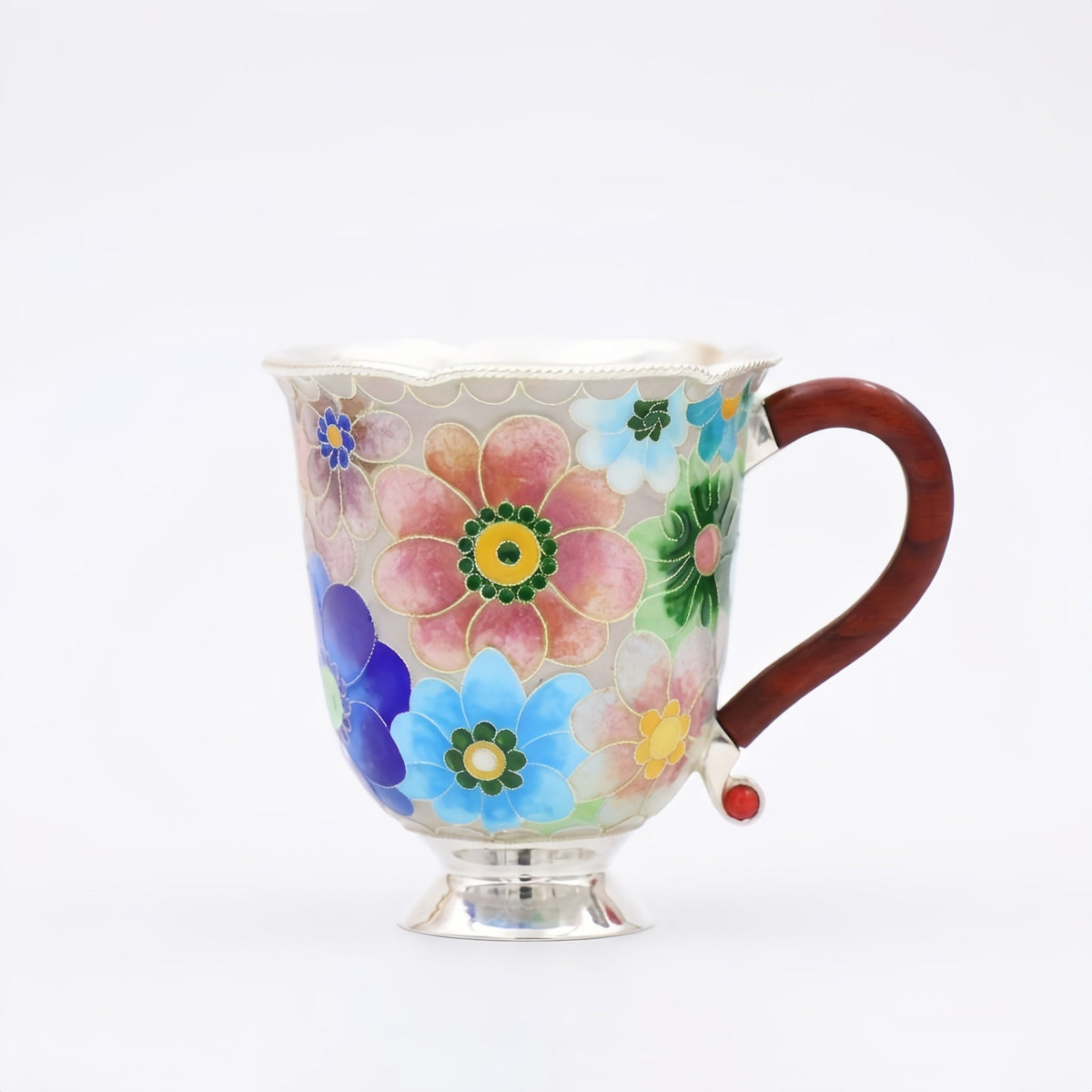 Pure 999 Fine Silver Enamel Floral Mug with Wooden Handle and Metallic Base-Premium Indigo Master Cup - Handicraft