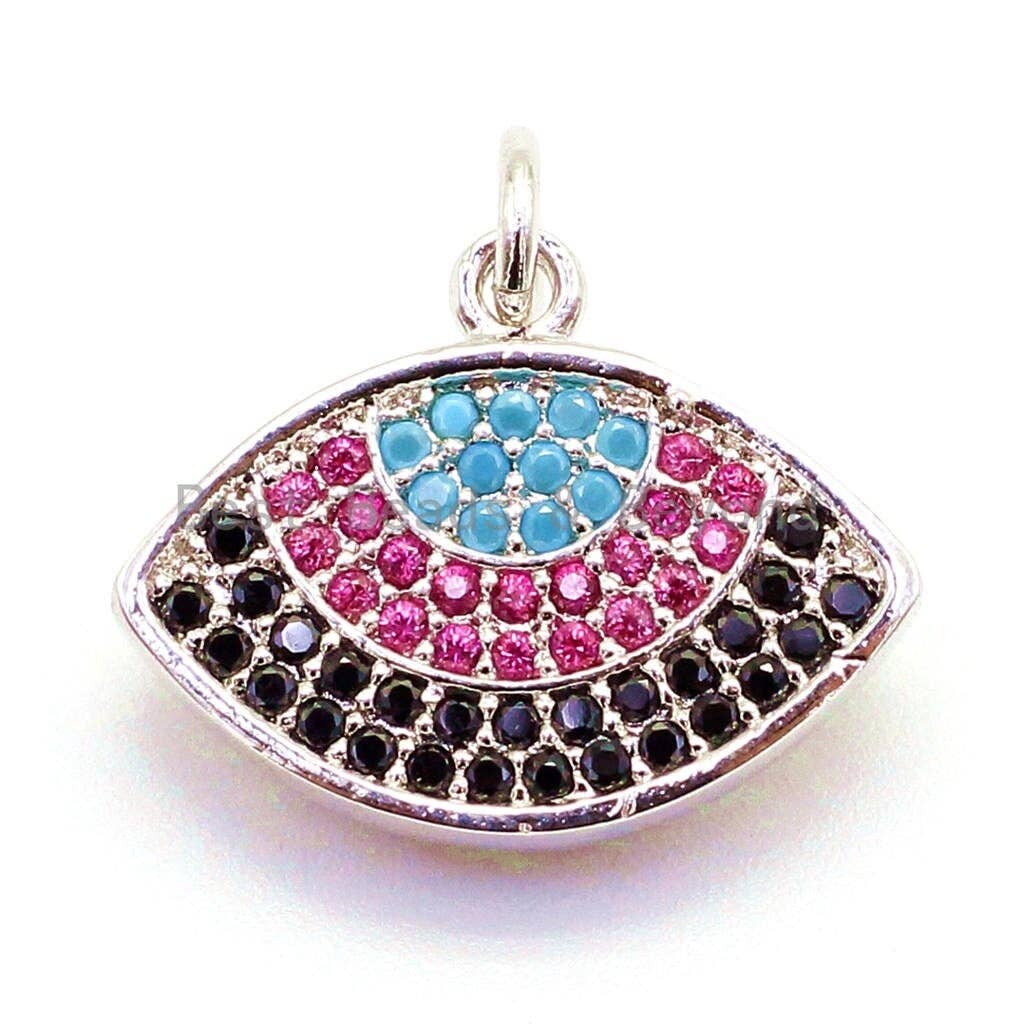 CZ Micro Pave Turqupise Fuchsia Evil Eye Pendant/Charm, Cubic Zirconia Pendant, 17x17mm, CZ Charms, sku#F37
