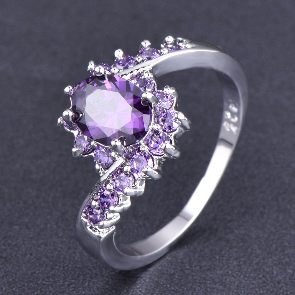 Fashionable Oval Purple Diamond-Encrusted Zircon Ring