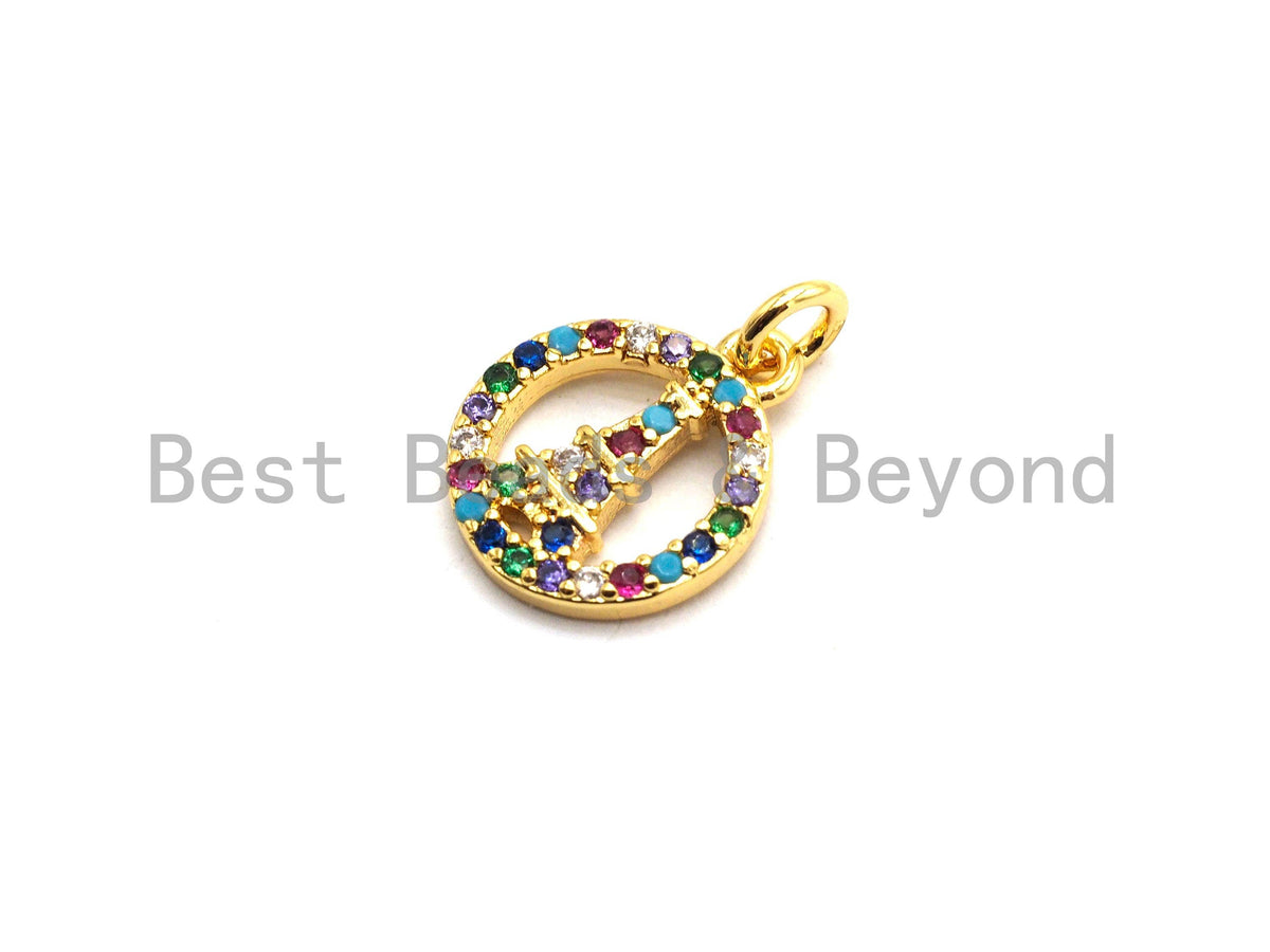 CZ Colorful Micro Pave Round With Eiffel Tower Pendant, Hollow out Round Shaped Pave Pendant, Gold plated, 10x12mm, Sku#F722
