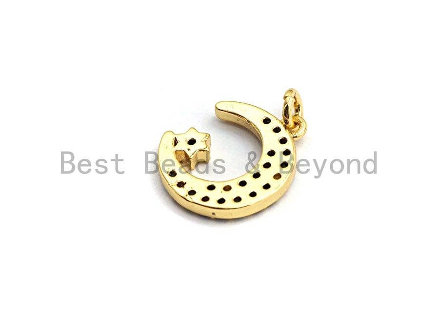CZ Colorful Micro Pave Moon With Star Pendant, Moon Star Shaped Pave Pendant, Gold plated, 12x14mm, Sku#F756