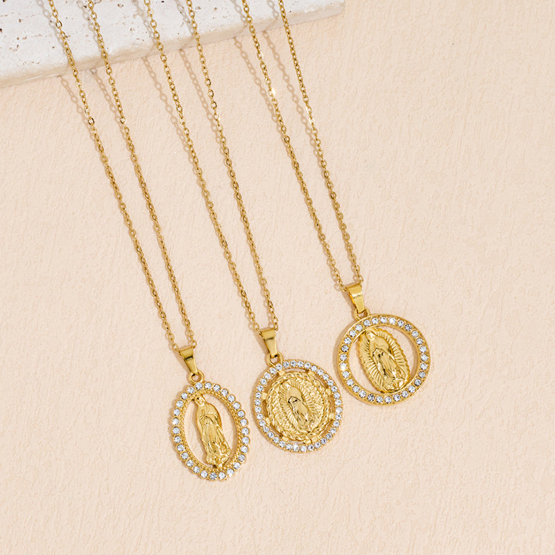Stainless Steel Inlaid Rhinestone Virgin Mary Pendant Necklace