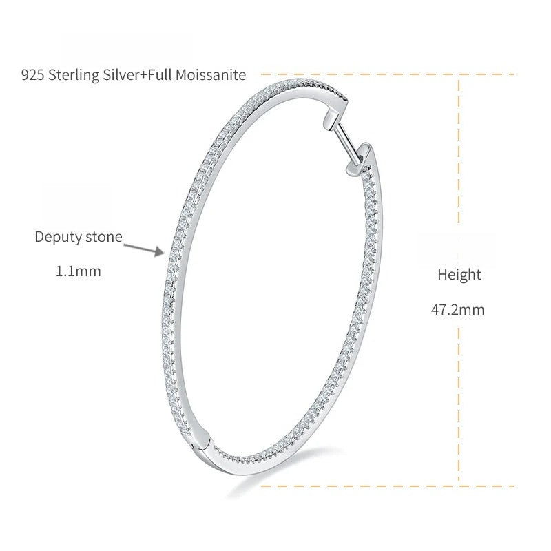 Oversized 50mm Hoop Earrings with Brilliant Round Moissanite Stones — Premium 925 Sterling Silver