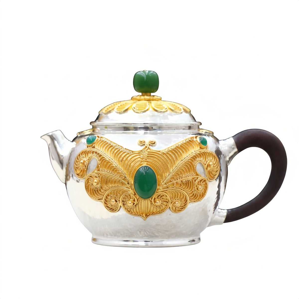 Pure 999 Fine Silver Exquisite Filigree Silver Teapot with Vibrant Green Gemstone Accents - Handicraft