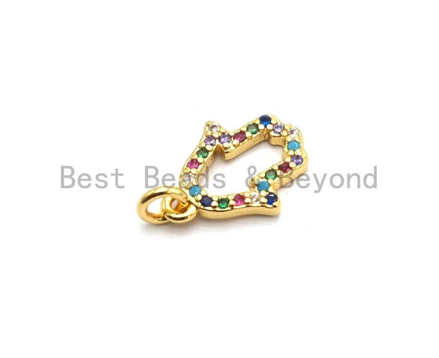 Cute CZ Colorful Micro Pave Hollow Hamsa Hand Pendant, Hamsa Hand Shaped Pave Pendant, Gold plated, 9x12mm, Sku#F733