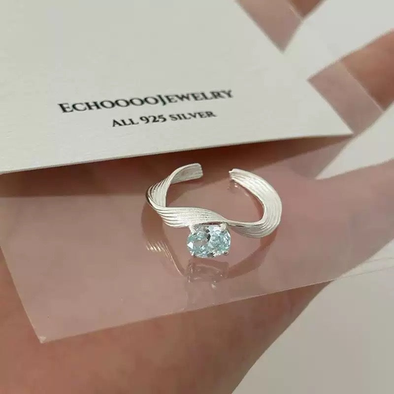 Blue Zircon Twisted Geometric Wave Open Ring, Minimalist Textured Statement Ring For Women