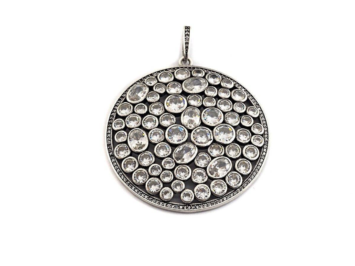 Anitique Finish CZ Micro Pave Large Round Pendant, Antique Silver Tone, Cubic Zirconia Big Pave Pendant, 49x53mm,sku#F979