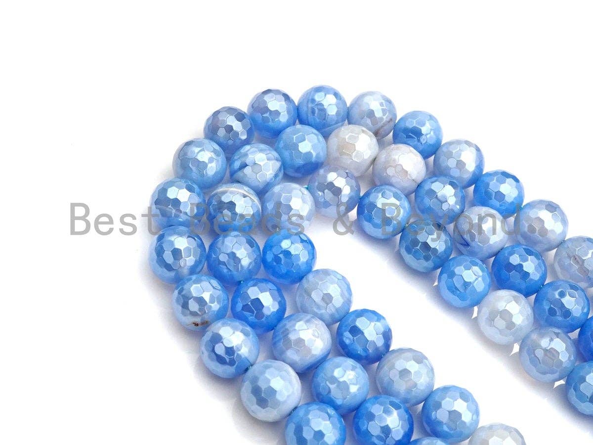Mystic Plated Faceted Agate Beads,6mm/8mm/10mm, Plated Blue White Banded Agate Beads,15.5" Full Strand, SKU#UA80