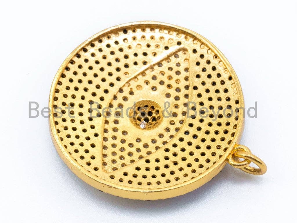 CZ Micro Pave Black Evil Eye on Disc Round Charm/Pendant, Black CZ in Black/Gold/Silver Finish, 40mm,Sku#L3