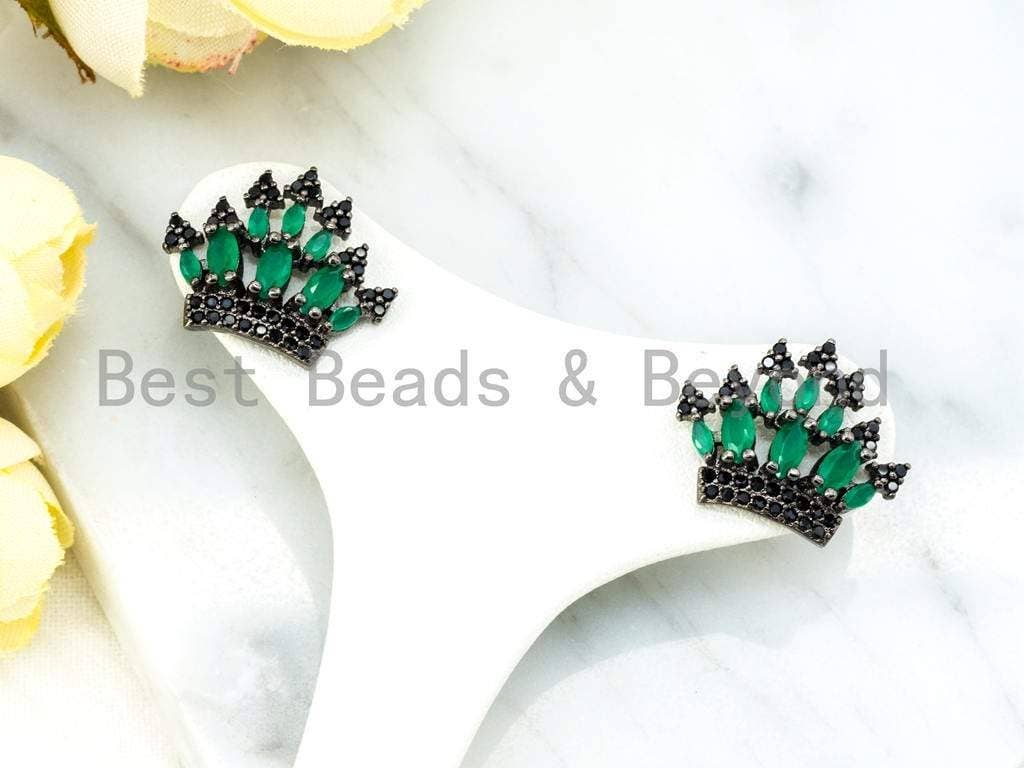CZ Micro Pave Emerald Silver Crown Ear Studs, Crown Earrings, Bridesmaid Earrings, Wedding Earring, 20x21mm,1pair, sku#O52