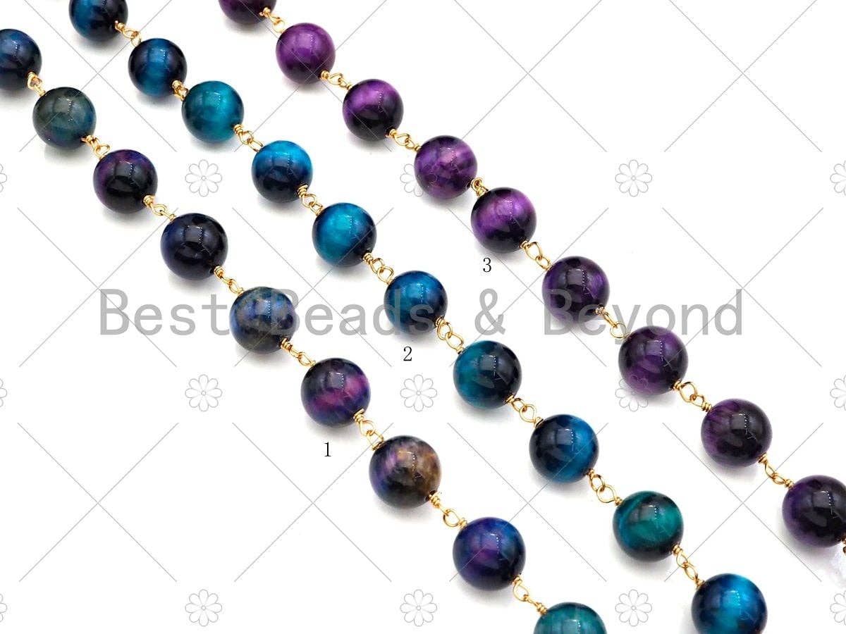 Galaxy/Teal Blue/Pruple High Quality Tiger Eye Rosary Chain, 10mm Beaded Chain, Wire Wrapped Gold Chain,Sku#V85