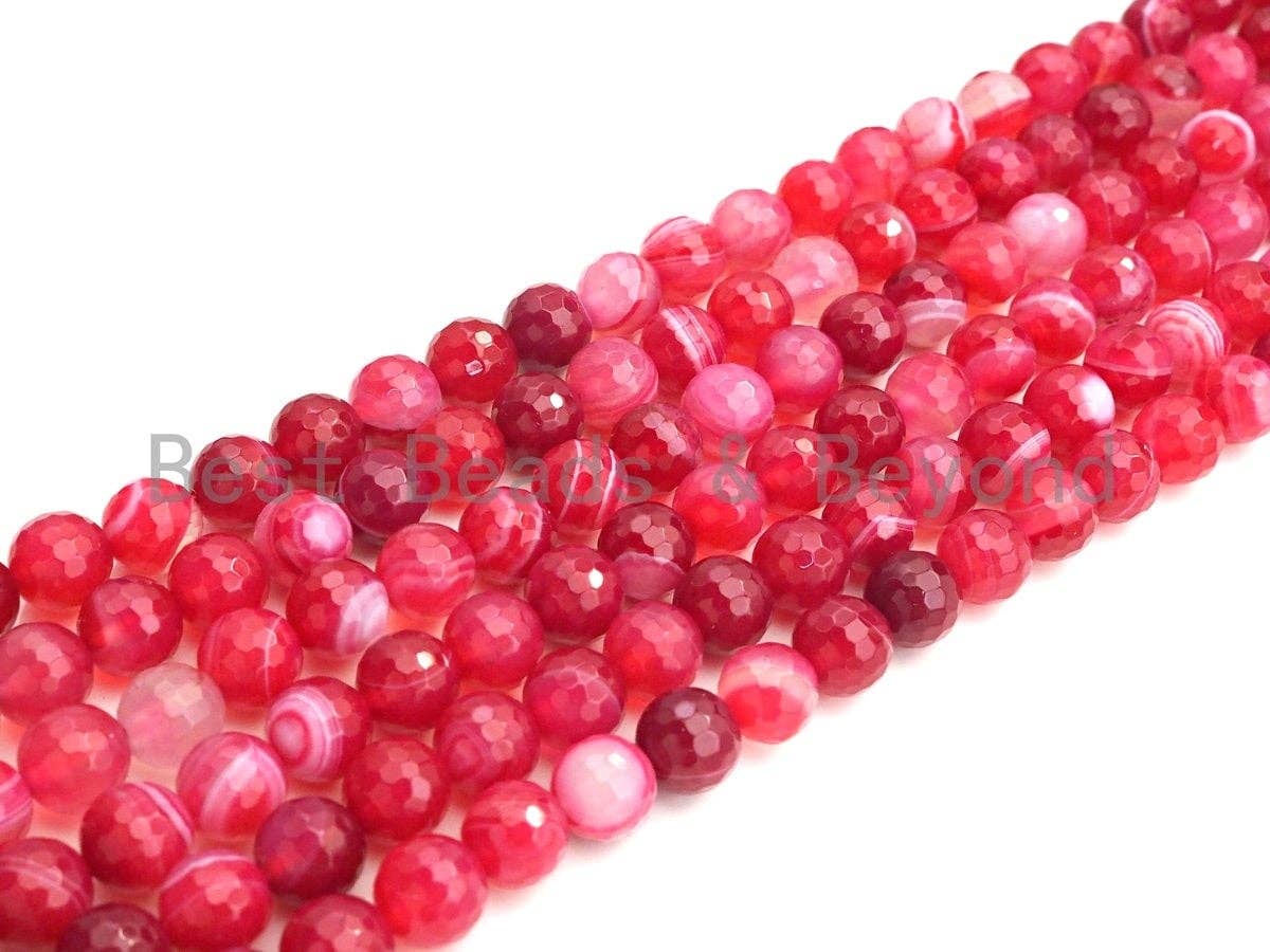 High Quality Natural Faceted Banded Agate Beads, 6mm/8mm/10mm, Pink Red White Banded Agate Beads,15.5" Full Strand, SKU#UA81