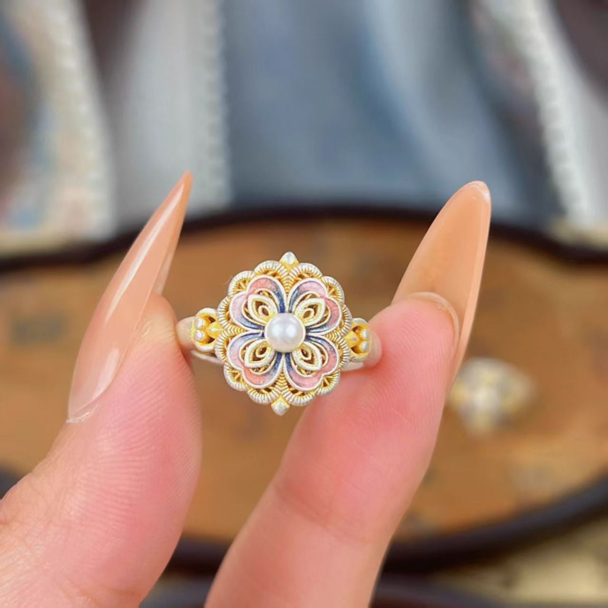 Vintage Enamel Flower Ring With Pearl, Intricate Filigree Gold-Plated Band, Dainty Retro Statement Ring For Women
