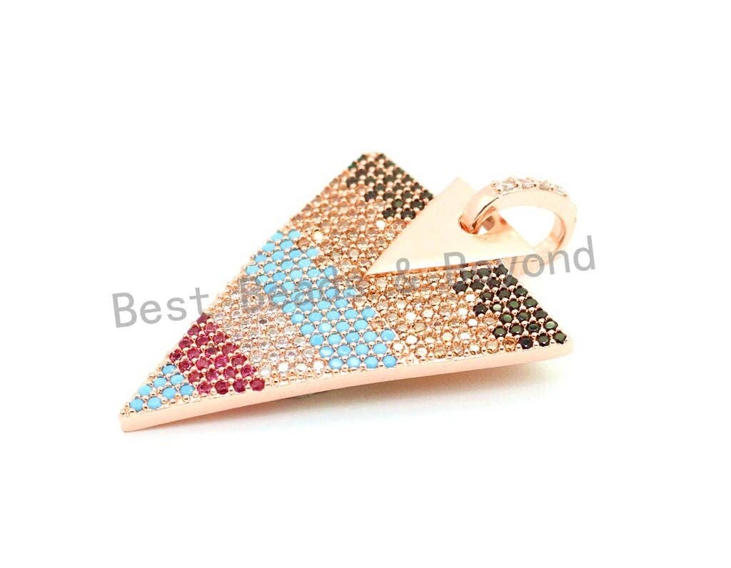 CZ Micro Pave Multi Color Triangle Pendant, Cubic Zirconia Necklace Focal Pendant, Rainbow CZ Pave Charm, 27x39mm, sku#F2