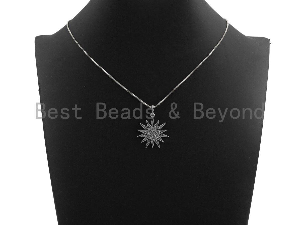 CZ Micro Pave North Star Pendant, Antique Silver Tone,  27x29mm,sku#F997C