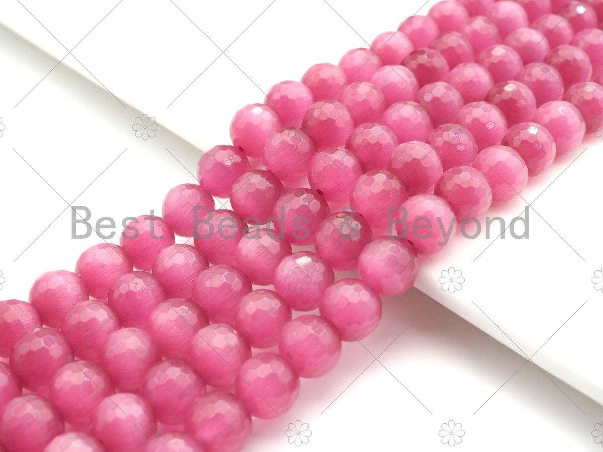 Special Cut Hot Pink Cat's Eye Round Faceted Beads, UA202C