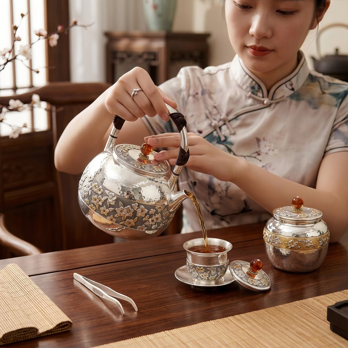 Pure 999 Fine Silver Elegant Hammered Silver Teapot with Intricate Floral Relief and Woven Handle - Handicraft