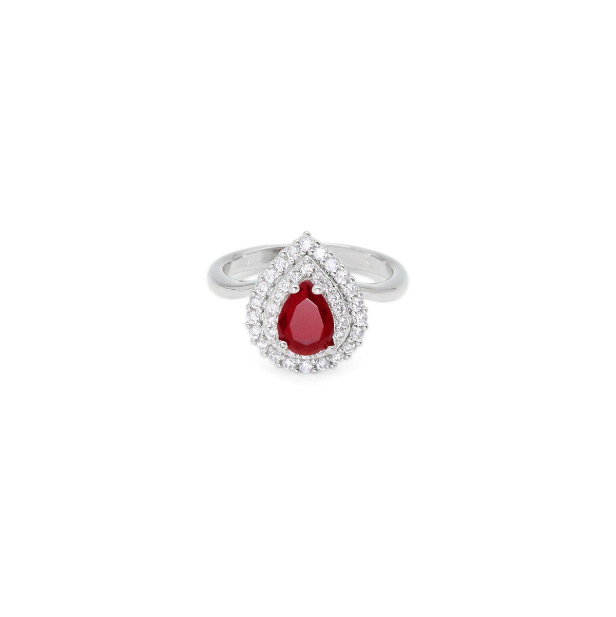Red Teardrop CZ Silver Adjustable Ring, Sku#A160