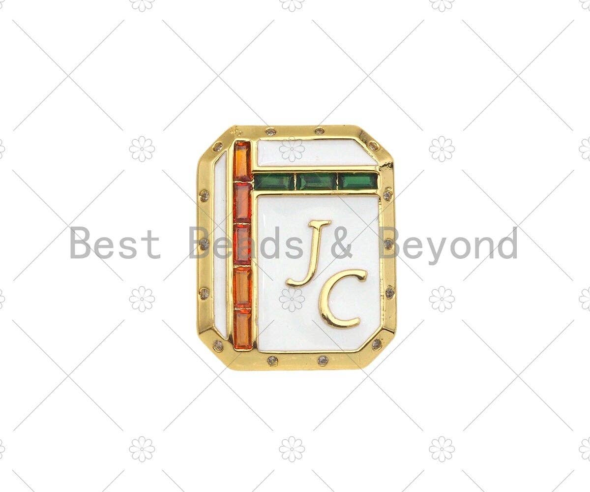 18K Dainty Gold White Enamel JC On Rectangle Pendant, Red Green Cubic Zirconia Gold Enamel Findings, 20x25mm,Sku#L542