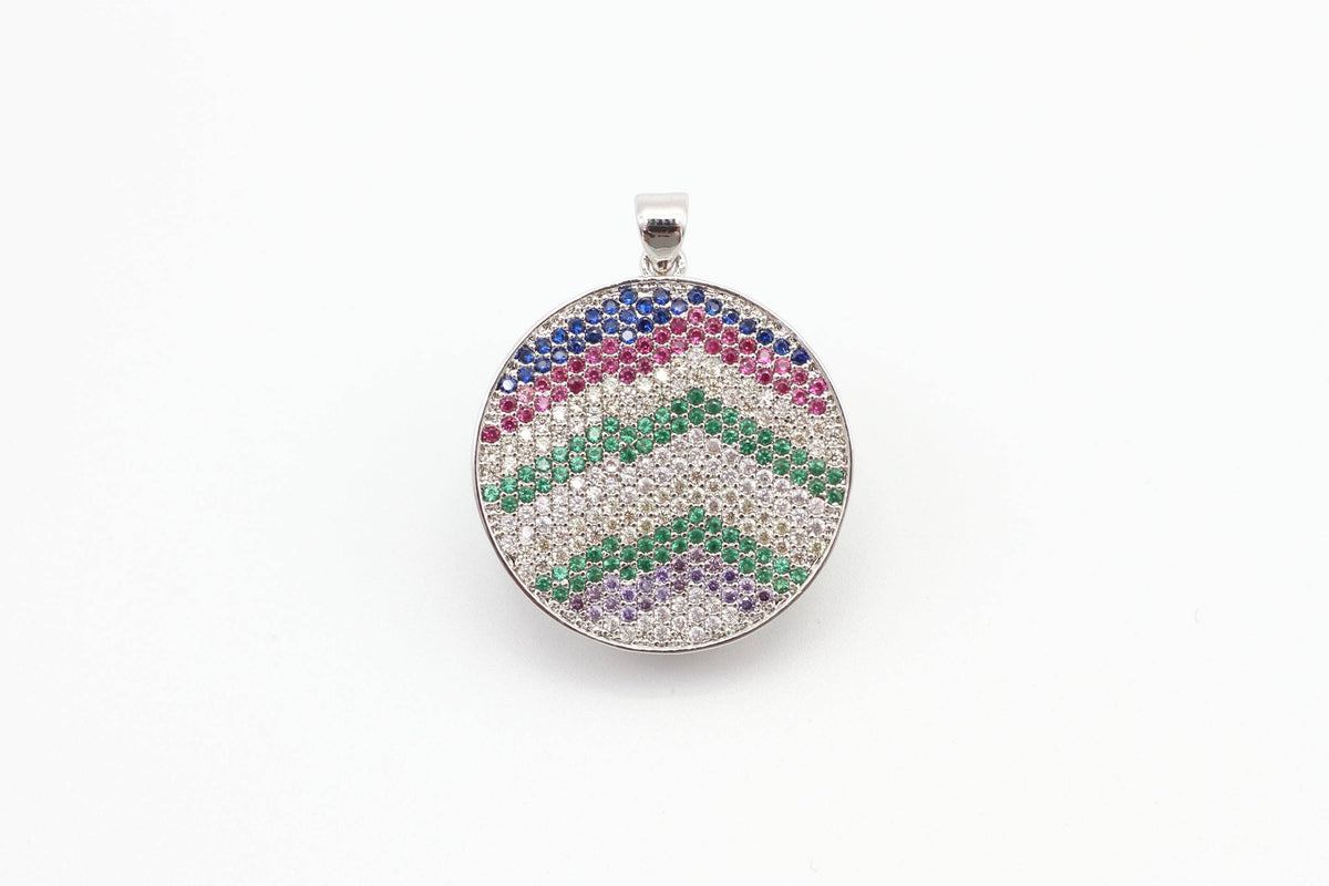 CZ Micro Pave Mixed Color Zigzag Round Disc Pendant, Cubic Zirconia Necklace Pendant, 25x31mm, sku#F3