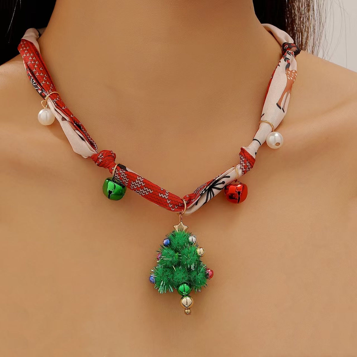 European And American Cross-Border Jewelry Personalized High-End Christmas Tree Elk Santa Bell Pendant Silk Scarf Necklace