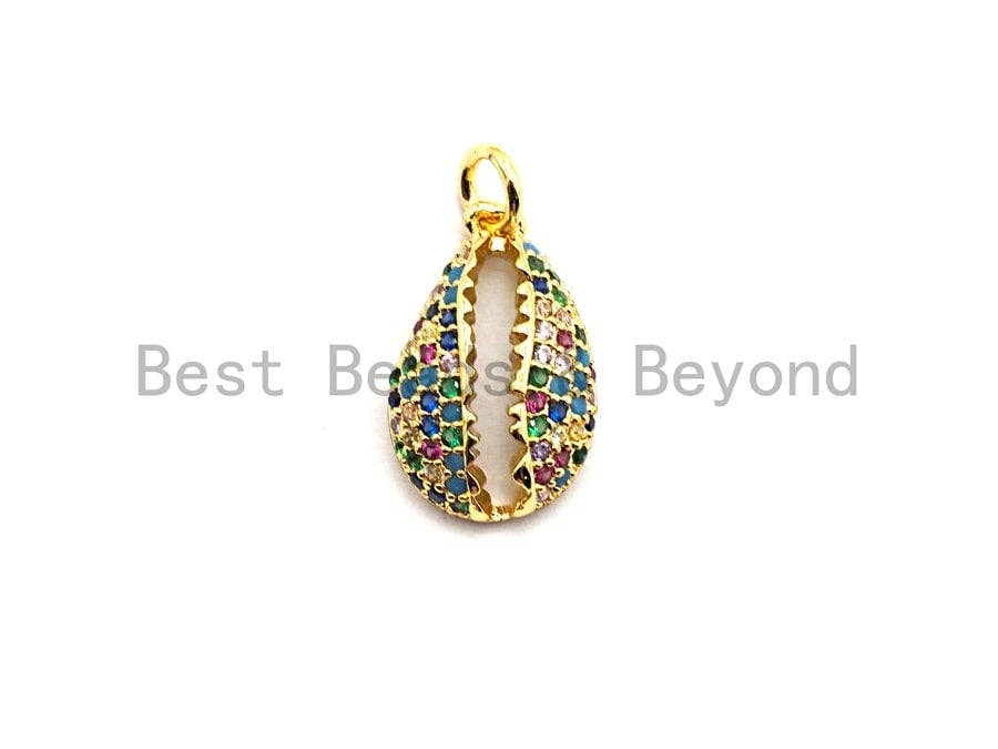 CZ Rainbow Micro Pave Pendant,CZ Paved Cowire Shell Shape Charm, Gold/Silver/Rose Gold/Black Cowire Pendant, 18x11mm, Sku#F747