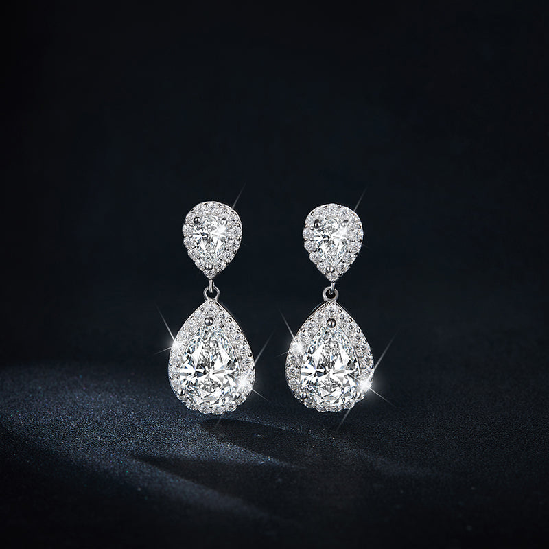 S925 Sterling Silver Platinum Plated Pear Cut Moissanite Dangle Earrings  6x9mm Teardrop Halo Drop Earrings With GRA Certificate Jewelry Gift Box Set