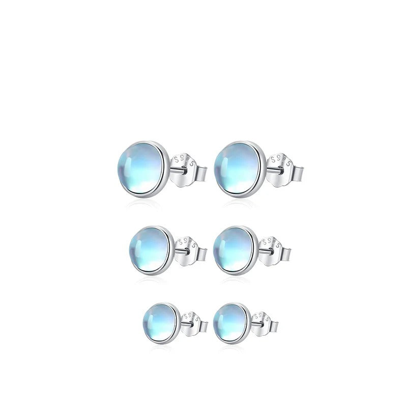 Stacking Round Moonstone Stud Earrings in Sterling Silver – Minimalist Korean-Inspired Jewelry