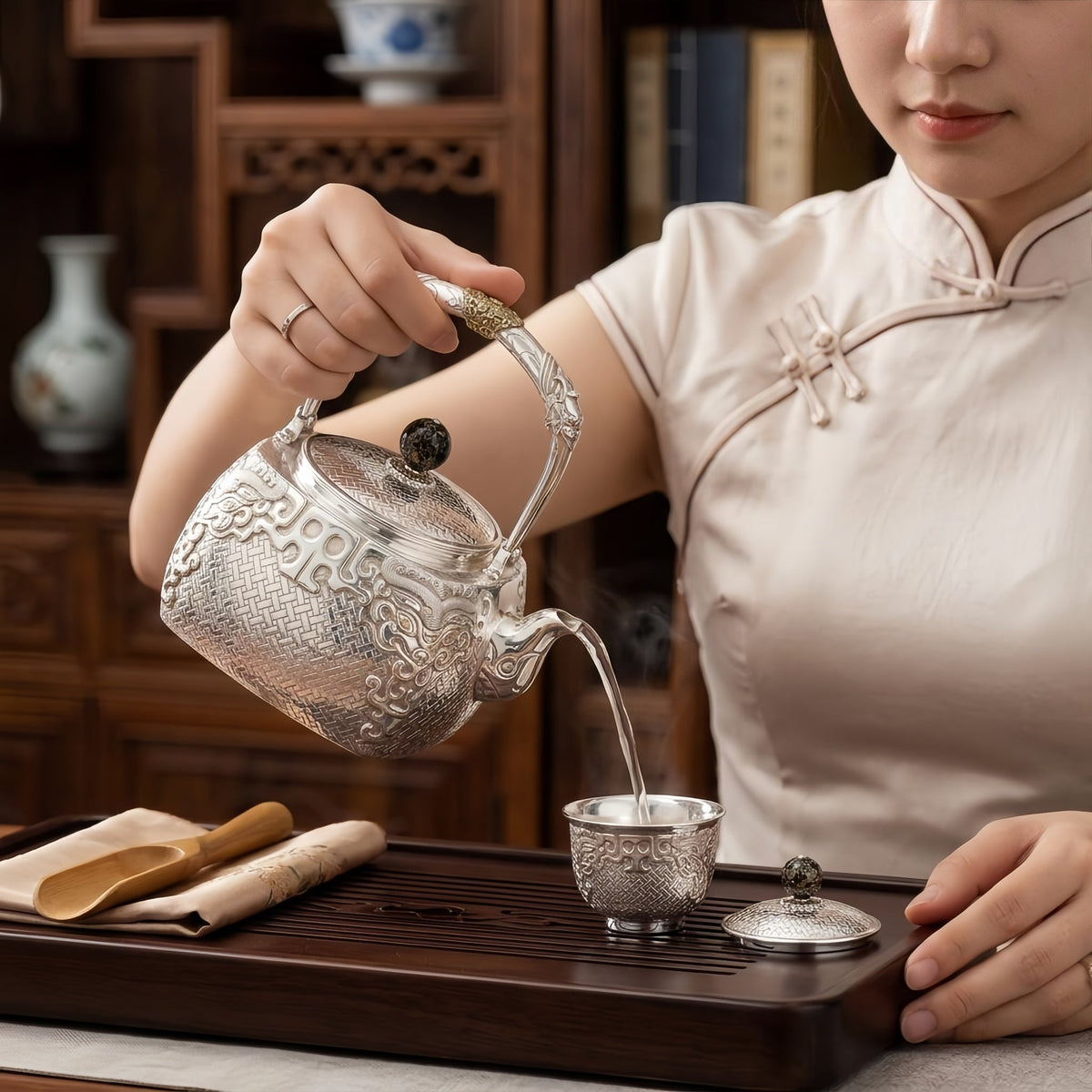 Pure 999 Fine Silver Elegant Handcrafted Silver Teapot Featuring Intricate Basketweave Texture and Traditional Oriental Filigree Accents - Handicraft