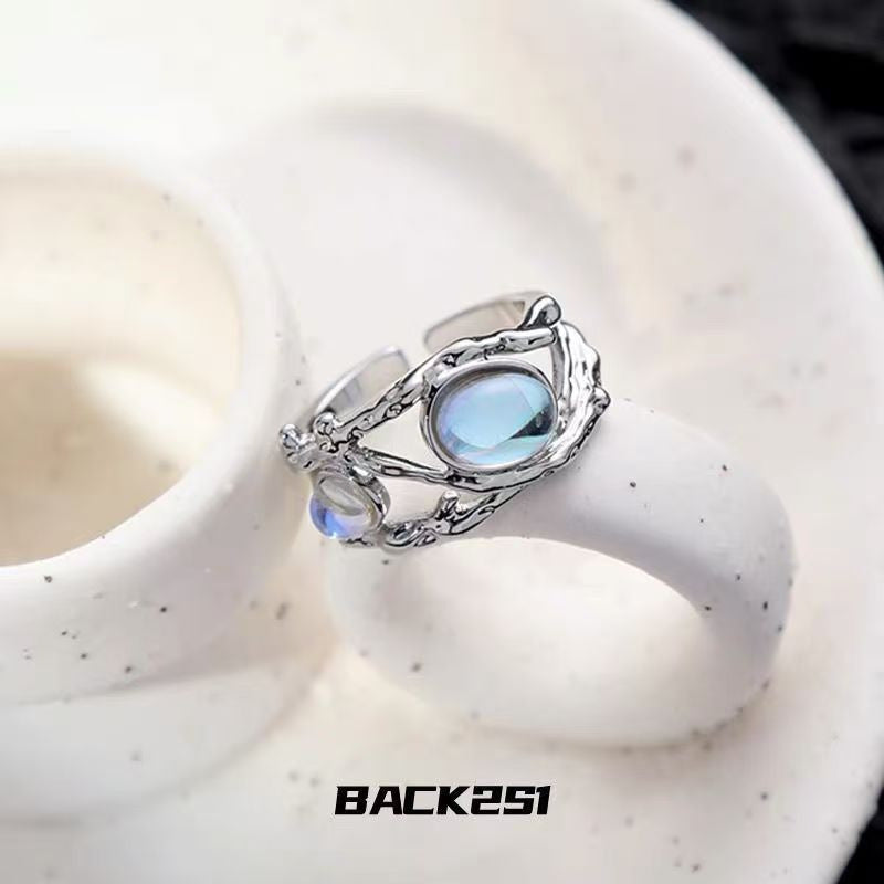 Niche Moonstone Black & White Couple Rings For Men & Women, Vintage Luxury Adjustable Open Band