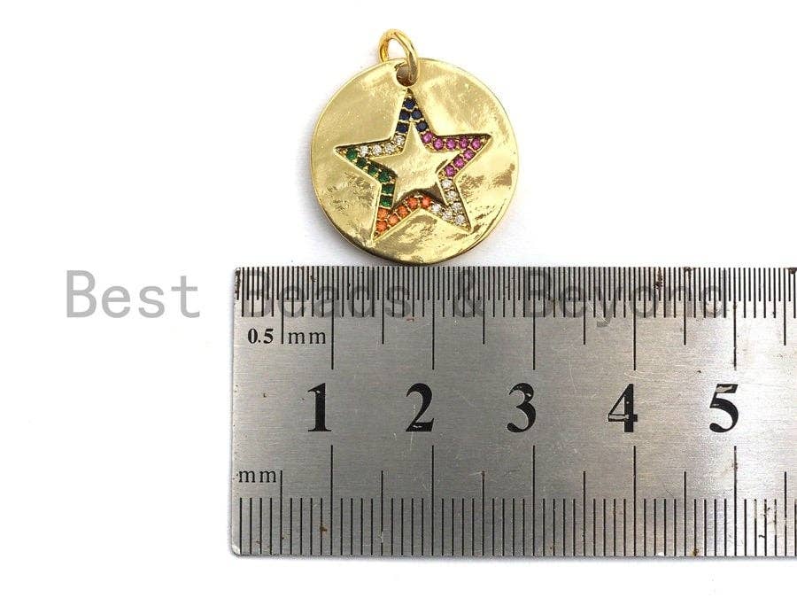 CZ Colorful Micro Pave Round Gold With Five Star Pendant, Coin Shaped Pave Pendant, Gold plated, 21x21mm, Sku#F869