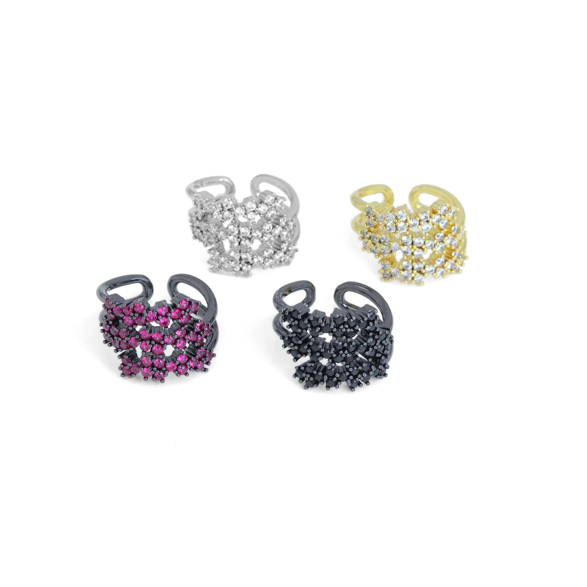 Black Pink Clear CZ Multilines Flower Adjustable Ring, Sku#A284