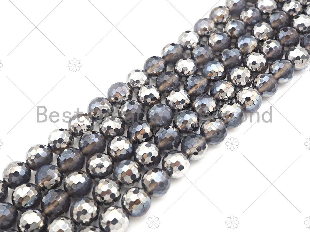 Half Silver Plated Grey Agate Beads, 10mm/12mm Round Faceted Gray Silver Beads, 15.5" Full Strand, sku#UA158