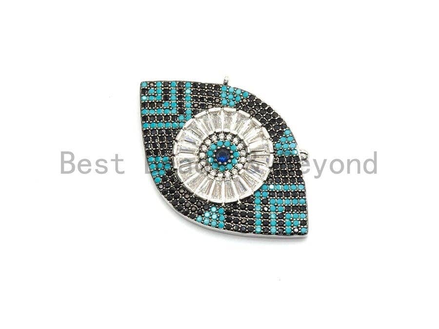 Turquoise Black CZ Micro Pave Geometric Evil Eye Pendant, Cubic Zirconia Pendant,32x28mm, sku#F705