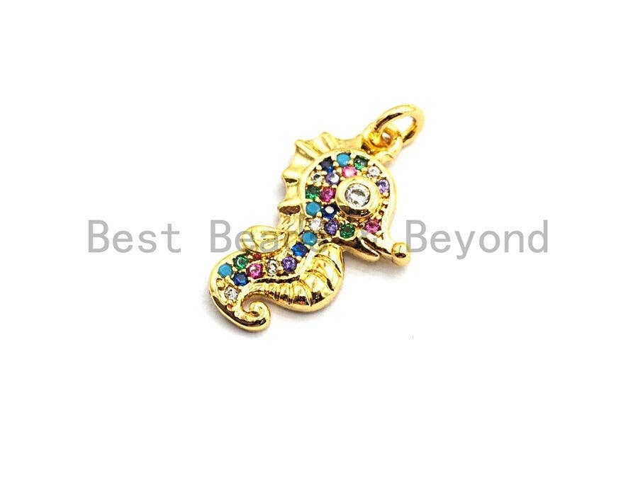CZ Colorful Micro Pave  Sea Horse Pendant, Sea Horse Shaped Pave Pendant, Seahorse Gold plated, 12x19mm, Sku#F749
