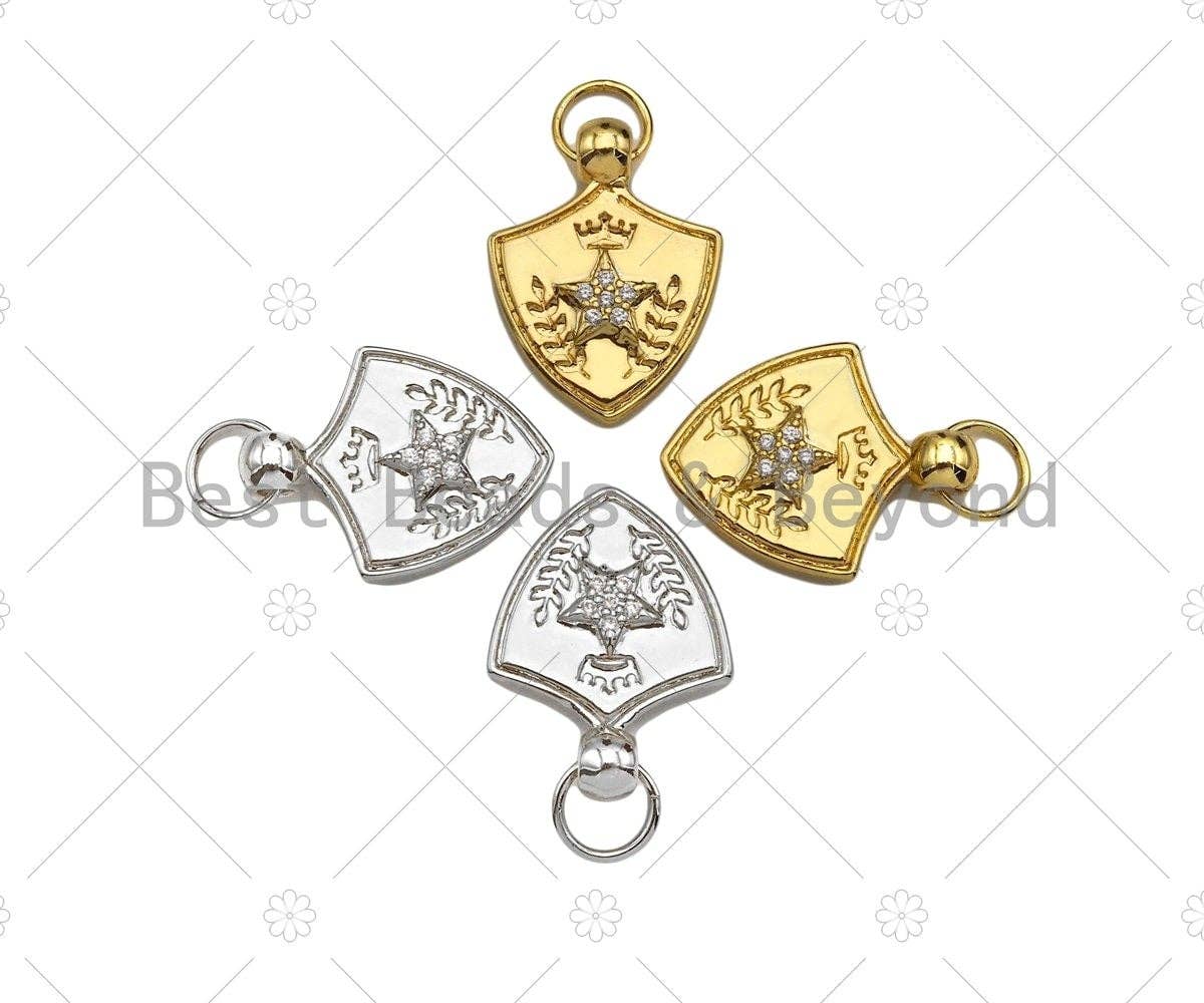 CZ Micro Pave Five Star Crown On Shield  Shape Pendant/Charm,Cubic Zirconia Charm, Shield Necklace Bracelet Charm Pendant,19x25mm, Sku#L473