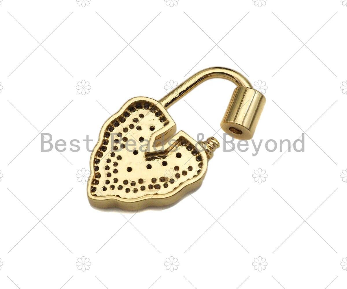 18K Gold Black Clear CZ Micro Pave Leaf Shape Clasp, Fancy Lock Clasp, Heart Shape Clasp,Pave Lock Pendant,17x31mm,sku#K148