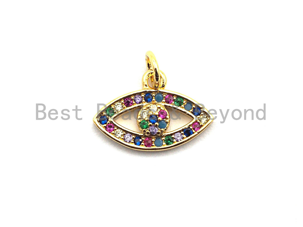 CZ Colorful Micro Pave Evil Eye Pendant, Lucky Eye Shaped Pave Pendant, Gold plated Protection Eye charm, 11x16mm, Sku#F834