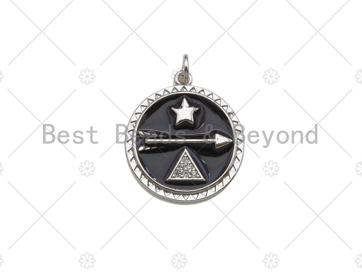 Colorful Enamel Pave Arrow Triangle Five Star On Round Coin Pendant,Silver Enamel Pendant,Pave Enamel Jewelry Findings,20x23mm,Sku#L441