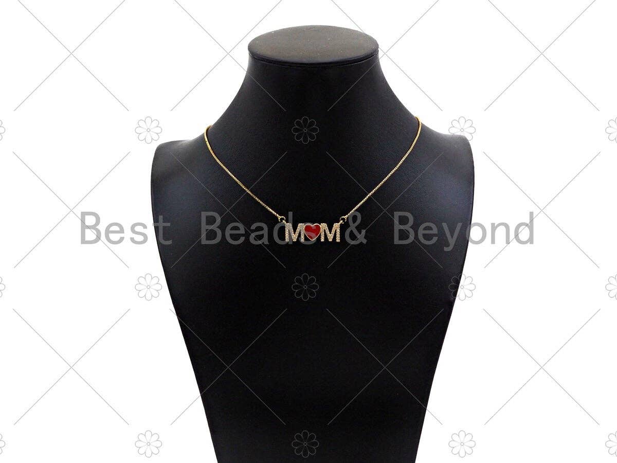 Gold Filled Red Enamel Heart CZ Micro Pave MOM Shape Pendant, 18K Gold Filled Charm, Mother's day, Necklace Pendant,11x32mm,Sku#LD125