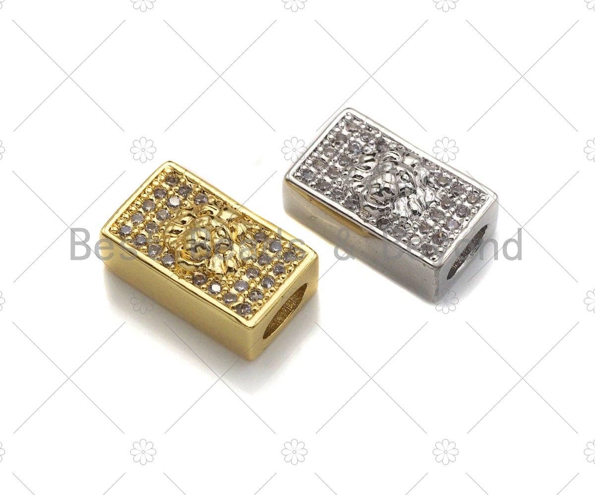 CZ Large Hole Embossment Lion Head Spacer Micro Pave Beads, Cubic Zirconia Cuboid Space Beads, Men's Bracelet Findings, 13x7mm, SKU#LD07